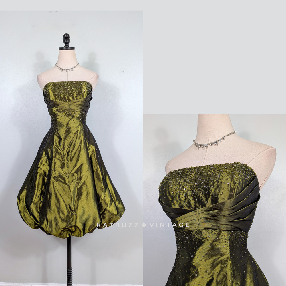 Vintage Prom Dress Cocktail Gown M Olive Green Hoco Bead Bubble Knee Length Y2K
